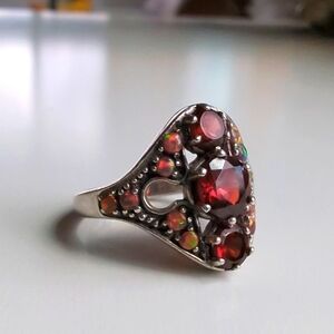 Genuine Garnet Ring with Opals set in Sterling Silver 5.75